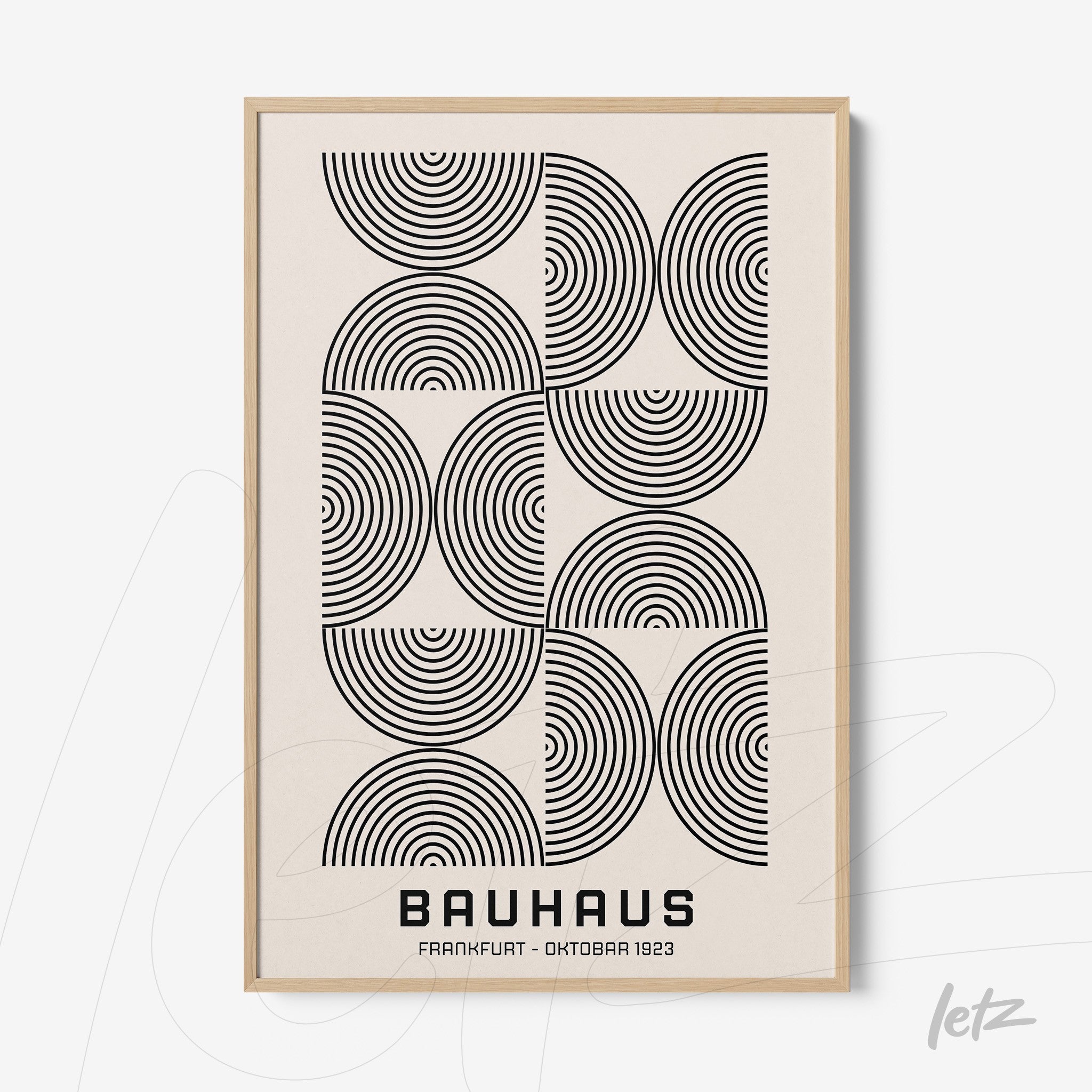 poster print featuring bauhaus style geometric design in a light wood frame