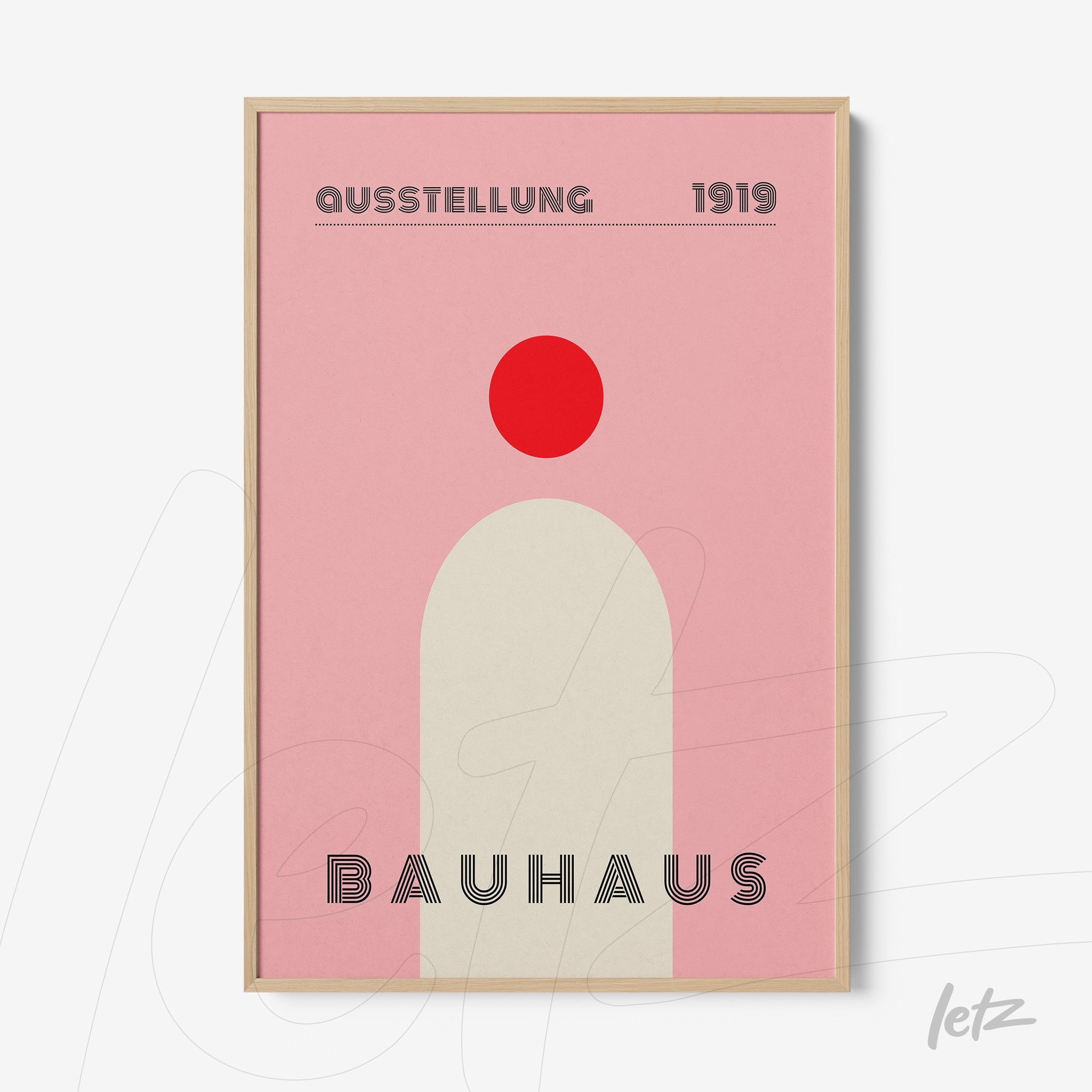 poster print featuring geometric Bauhaus style art in light wood frame