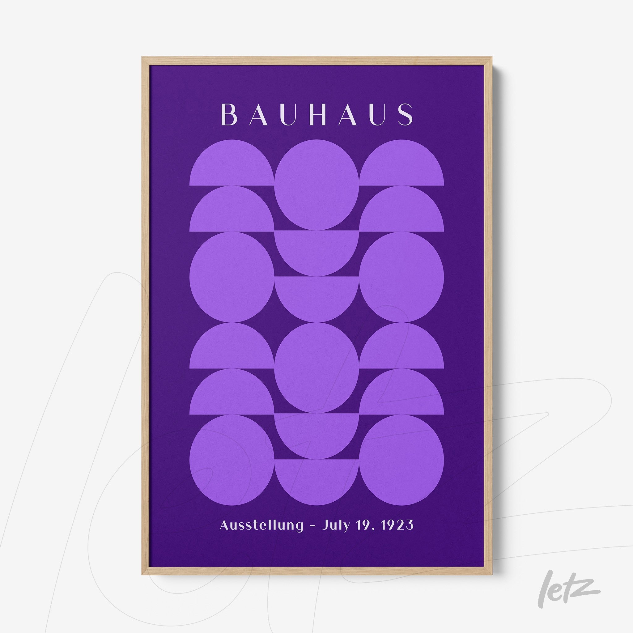 bauhaus style poster with purple geometric shapes on a purple background and light frame
