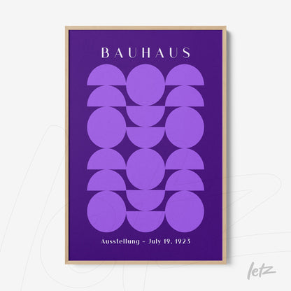 bauhaus style poster with purple geometric shapes on a purple background and light frame