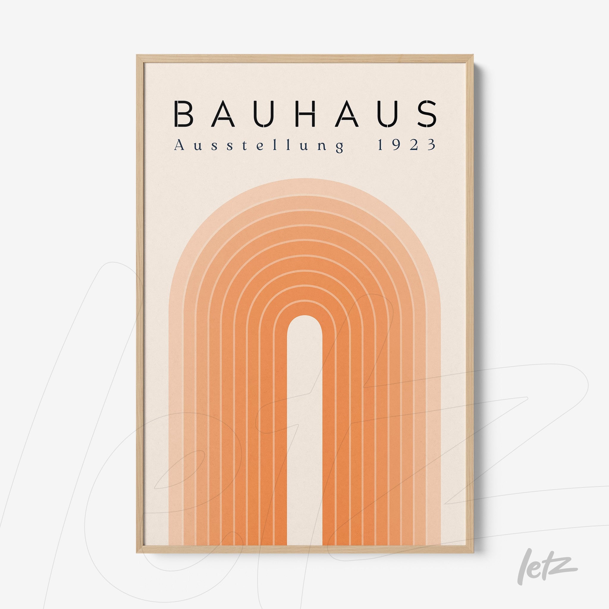 poster with abstract orange design and text bauhaus ausstellung 1923 in light wood frame