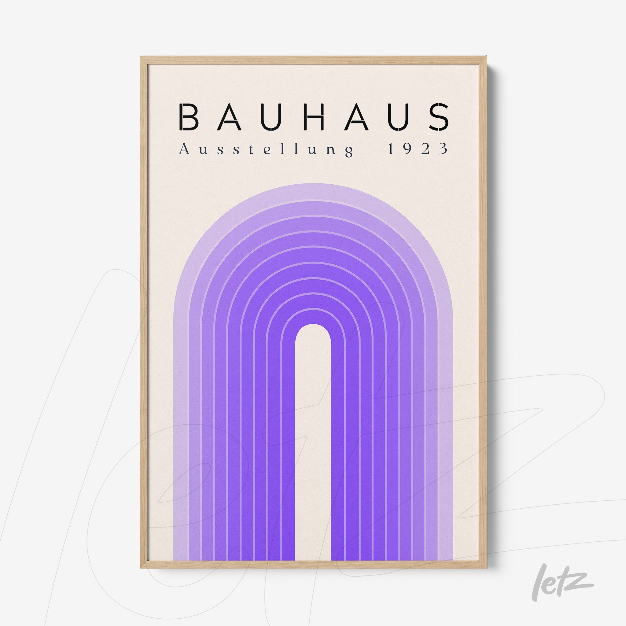poster print featuring geometric arches in shades of purple with text 'bauhaus ausstellung 1923' in light frame