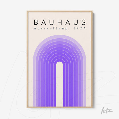 poster print featuring geometric arches in shades of purple with text 'bauhaus ausstellung 1923' in light frame