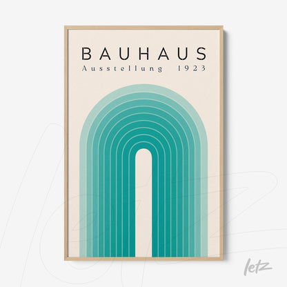 poster featuring an illustration of concentric arches in blue and green hues, framed in light wood