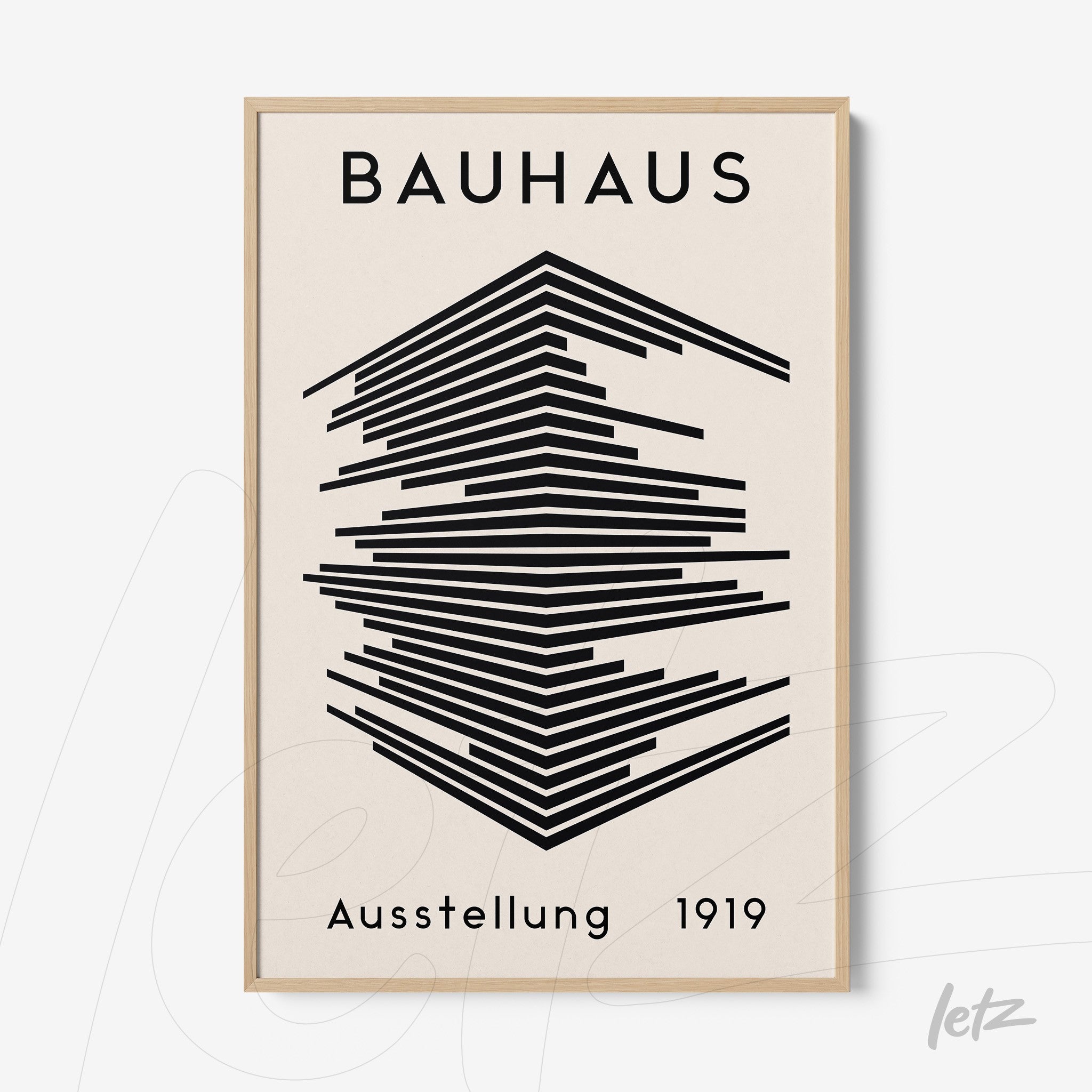 bauhaus style poster featuring black geometric lines, light wood frame