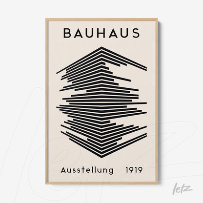 bauhaus style poster featuring black geometric lines, light wood frame