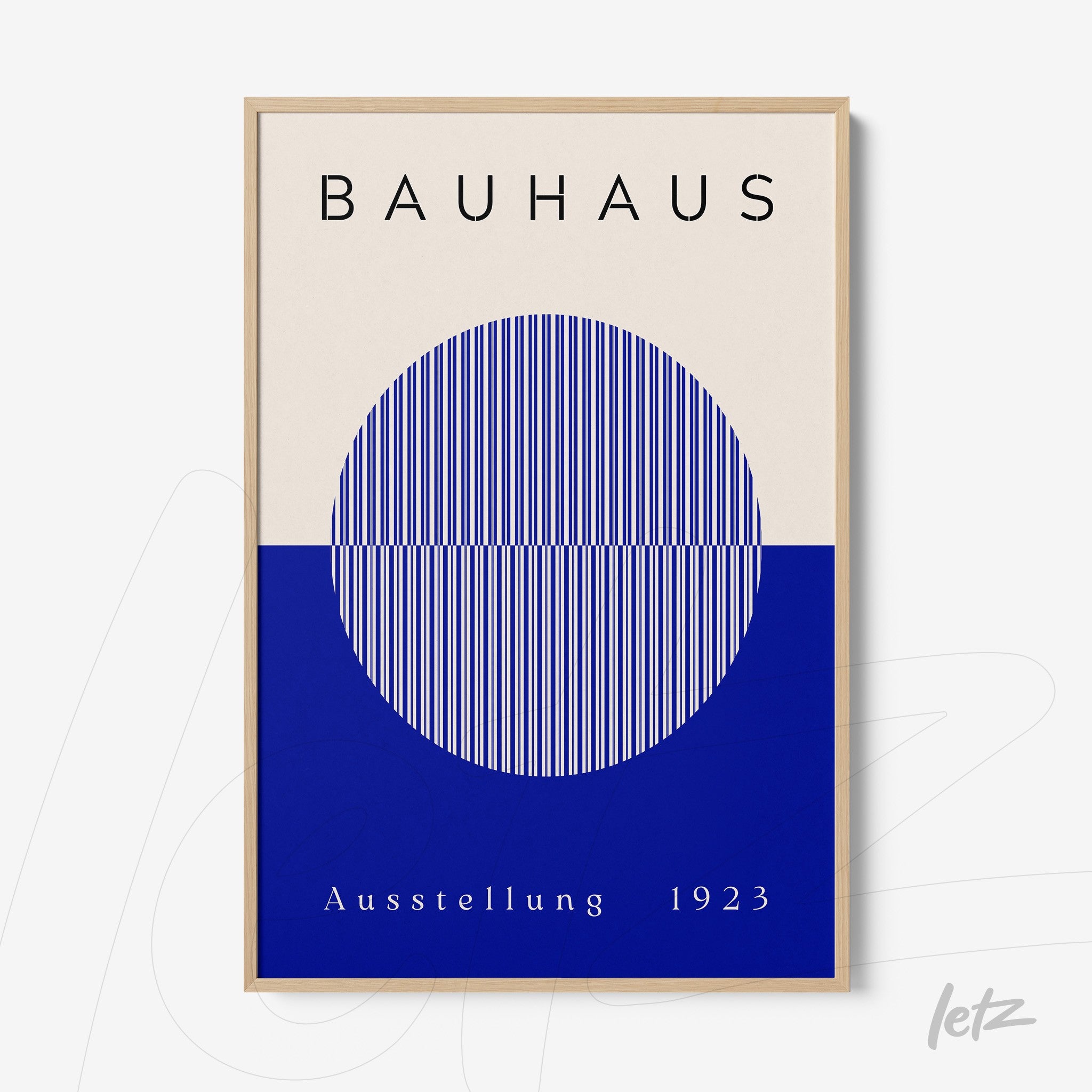 poster print featuring bauhaus-inspired design with blue circle and vertical white stripes in light wood frame