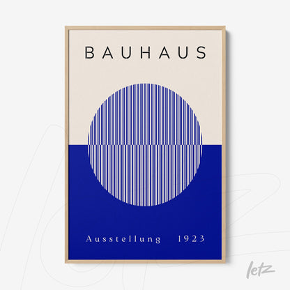 poster print featuring bauhaus-inspired design with blue circle and vertical white stripes in light wood frame
