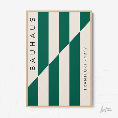 poster print featuring geometric design in green and white with light frame, vertical text 'Bauhaus' and 'Frankfurt - 1919'