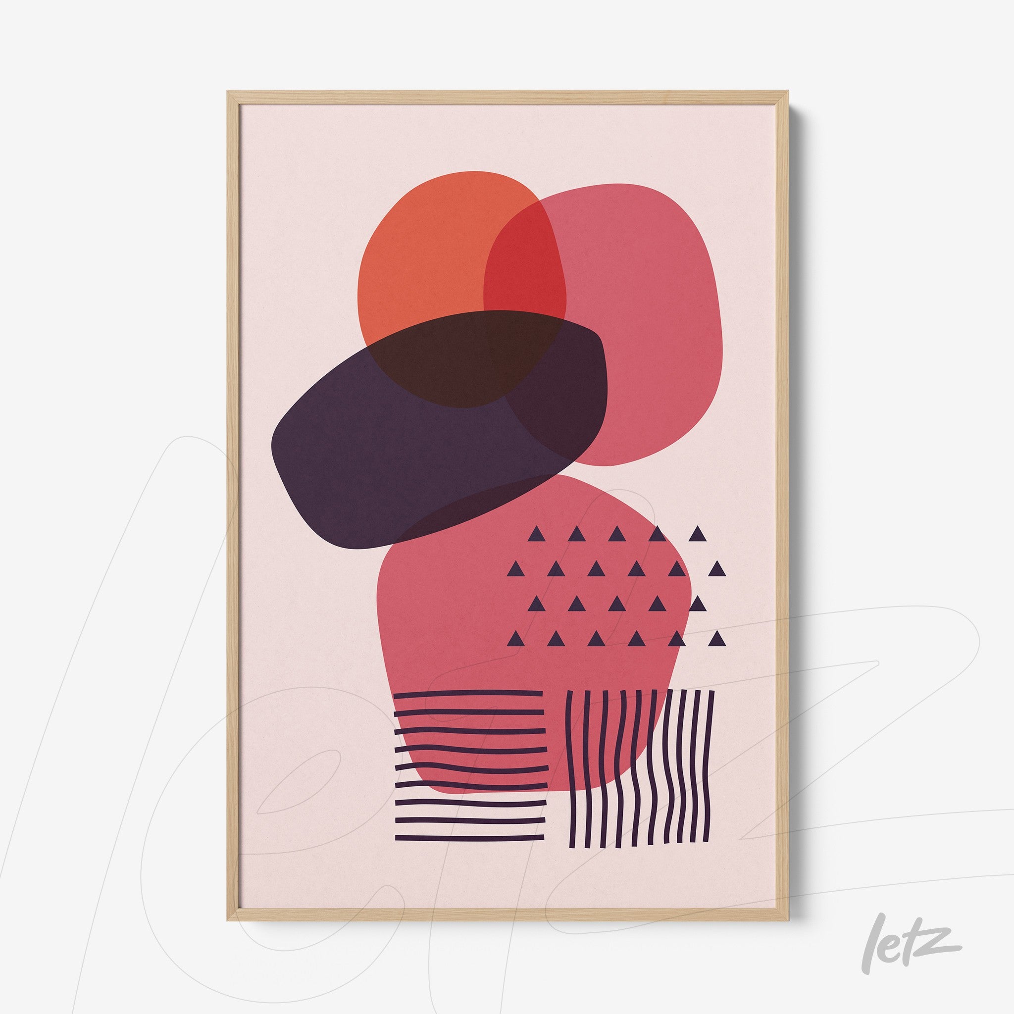 poster featuring abstract illustration of colorful geometric shapes with light wood frame