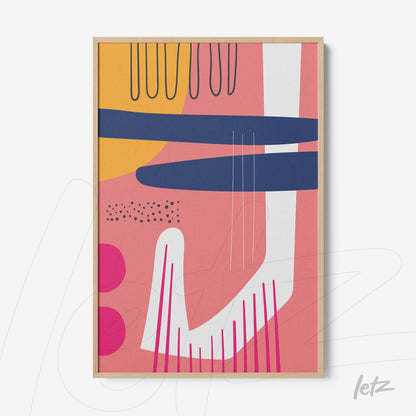 quadro moderno com arte abstrata em tons boho com moldura natural, apresentando formas geométricas em azul, amarelo e rosa