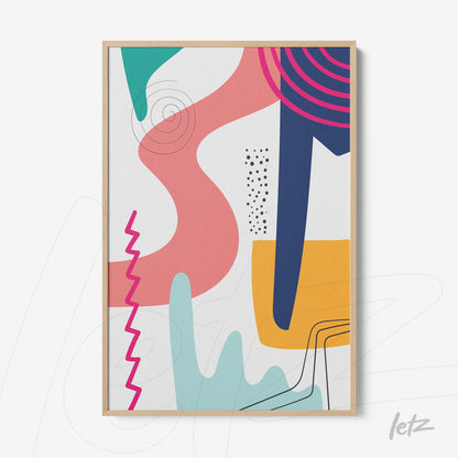 impressão em canvas com arte abstrata colorida em moldura de madeira clara