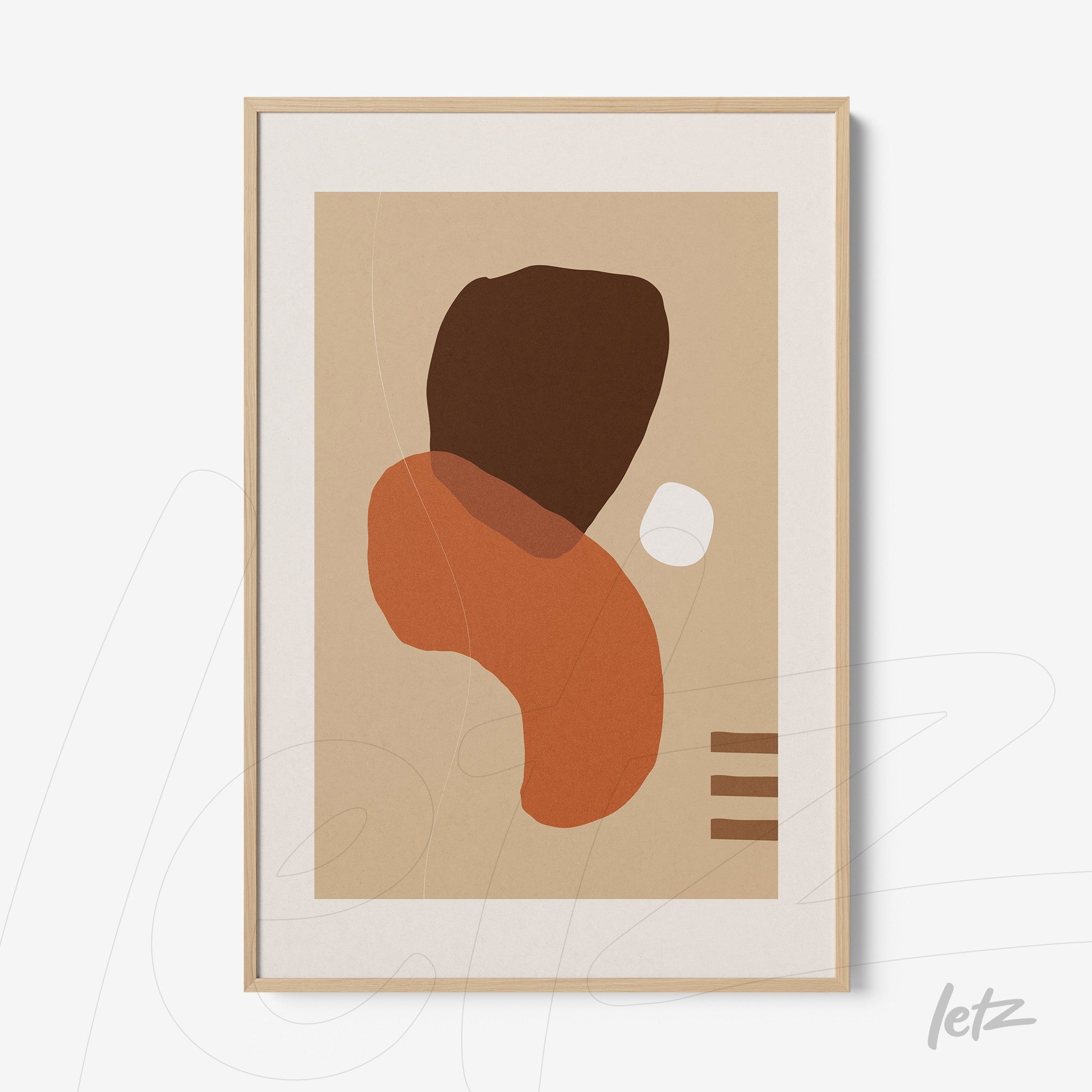abstract art print in shades of brown and terracotta with light wood frame