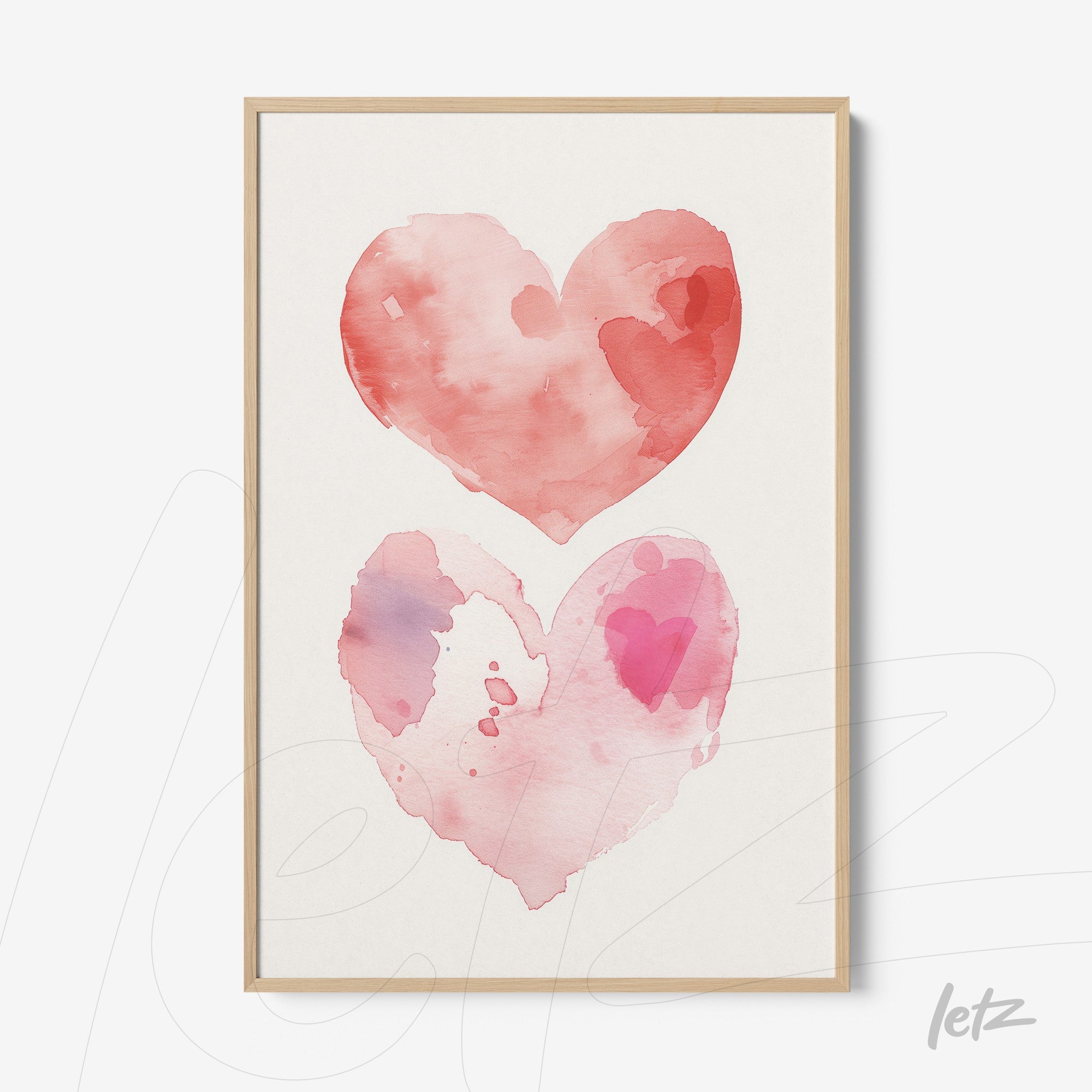 artwork featuring watercolor hearts in shades of pink with a light frame