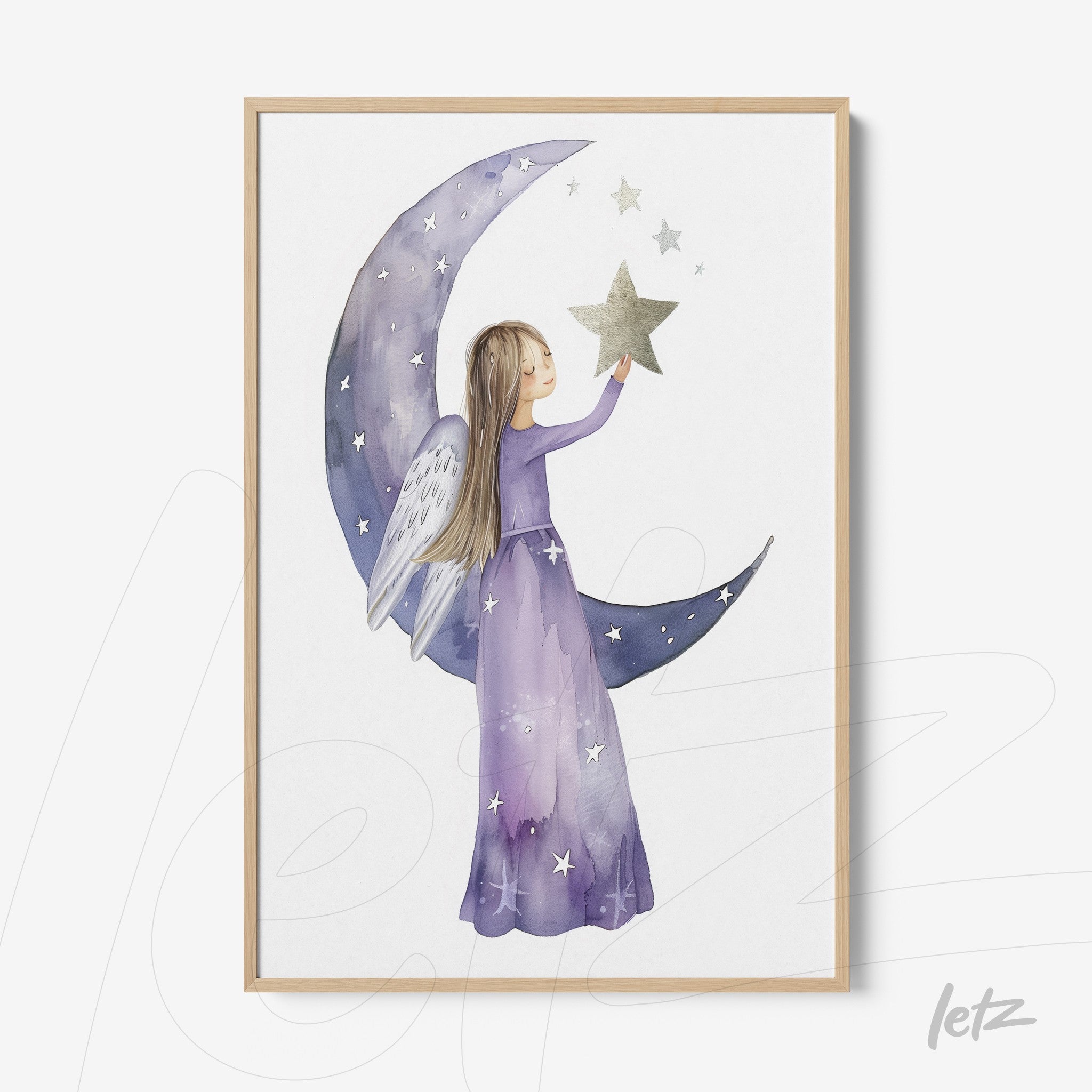 watercolor wall art of a girl with angel wings holding a star against a purple crescent moon with light wood frame