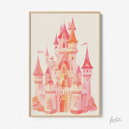 framed artwork of a pink castle illustration with light wood frame