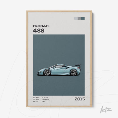 framed art featuring a stylized illustration of the Ferrari 488 against a gray background, light frame with blue accents