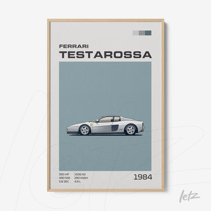framed wall art featuring a stylized illustration of Ferrari Testarossa with light wood frame and blue background