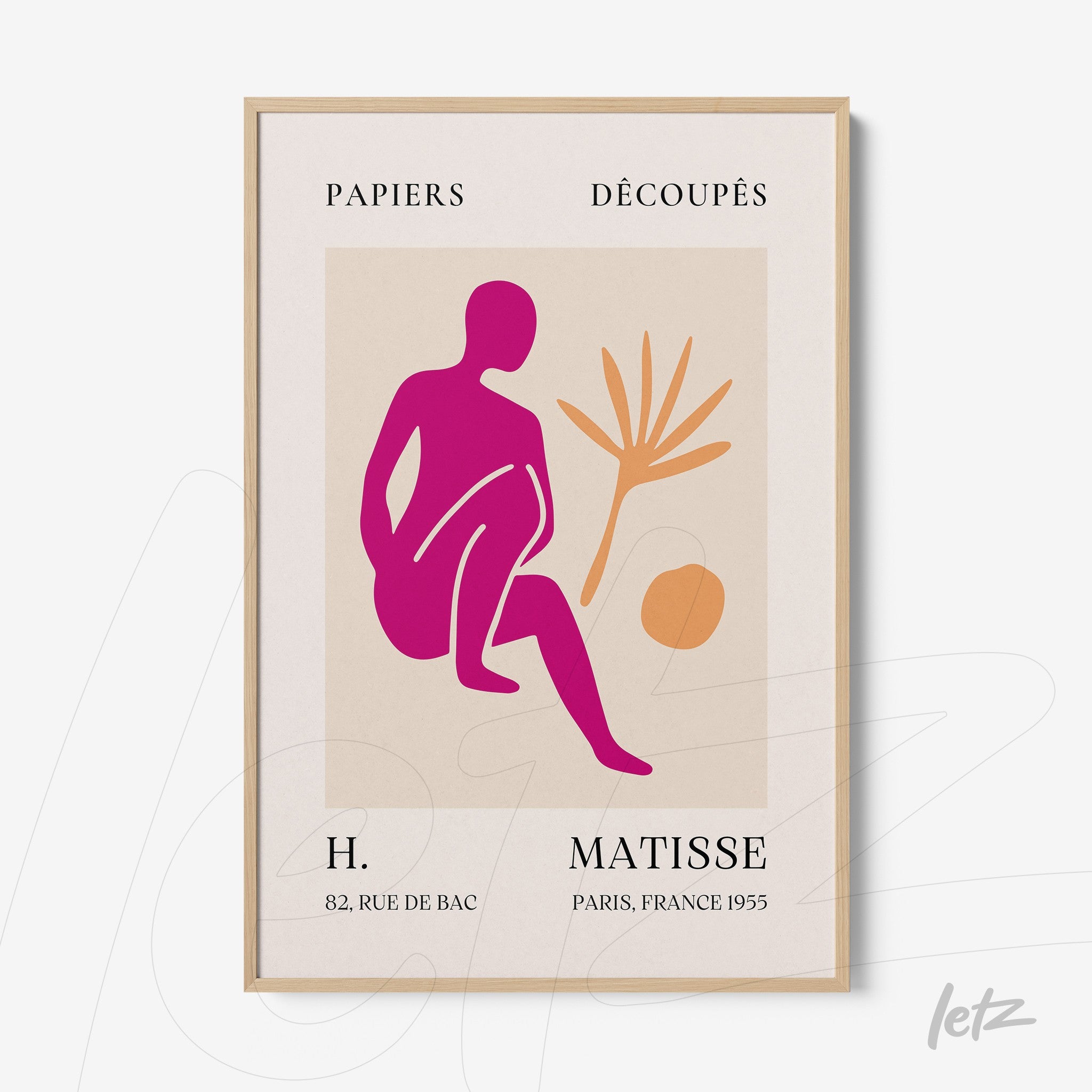 modern art print featuring a seated human figure in vibrant colors with a light wood frame