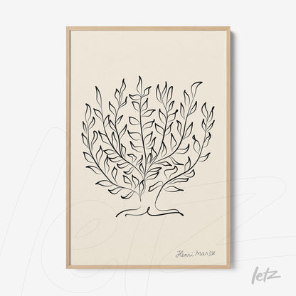 minimalistic wall art featuring stylized leaves design in light wooden frame