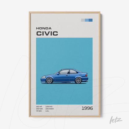 framed art featuring a blue 1996 Honda Civic illustration with a light frame and blue background