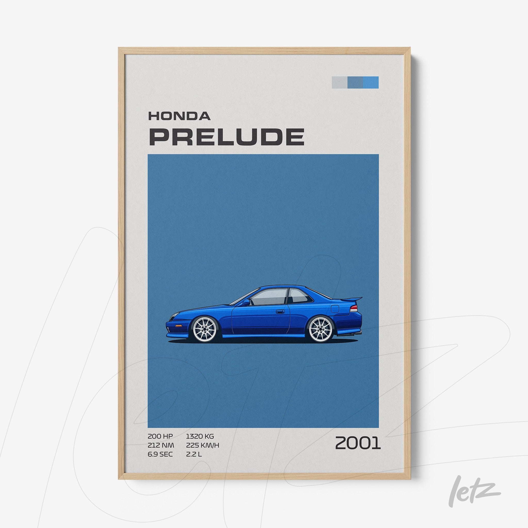 framed artwork featuring a blue Honda Prelude 2001 illustration against a blue background with a light wood frame