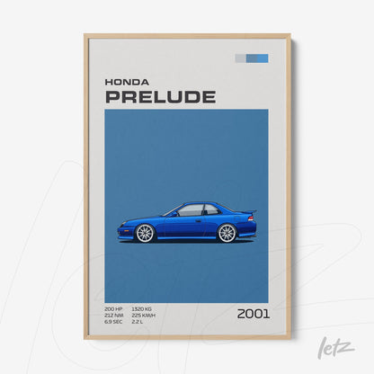 framed artwork featuring a blue Honda Prelude 2001 illustration against a blue background with a light wood frame