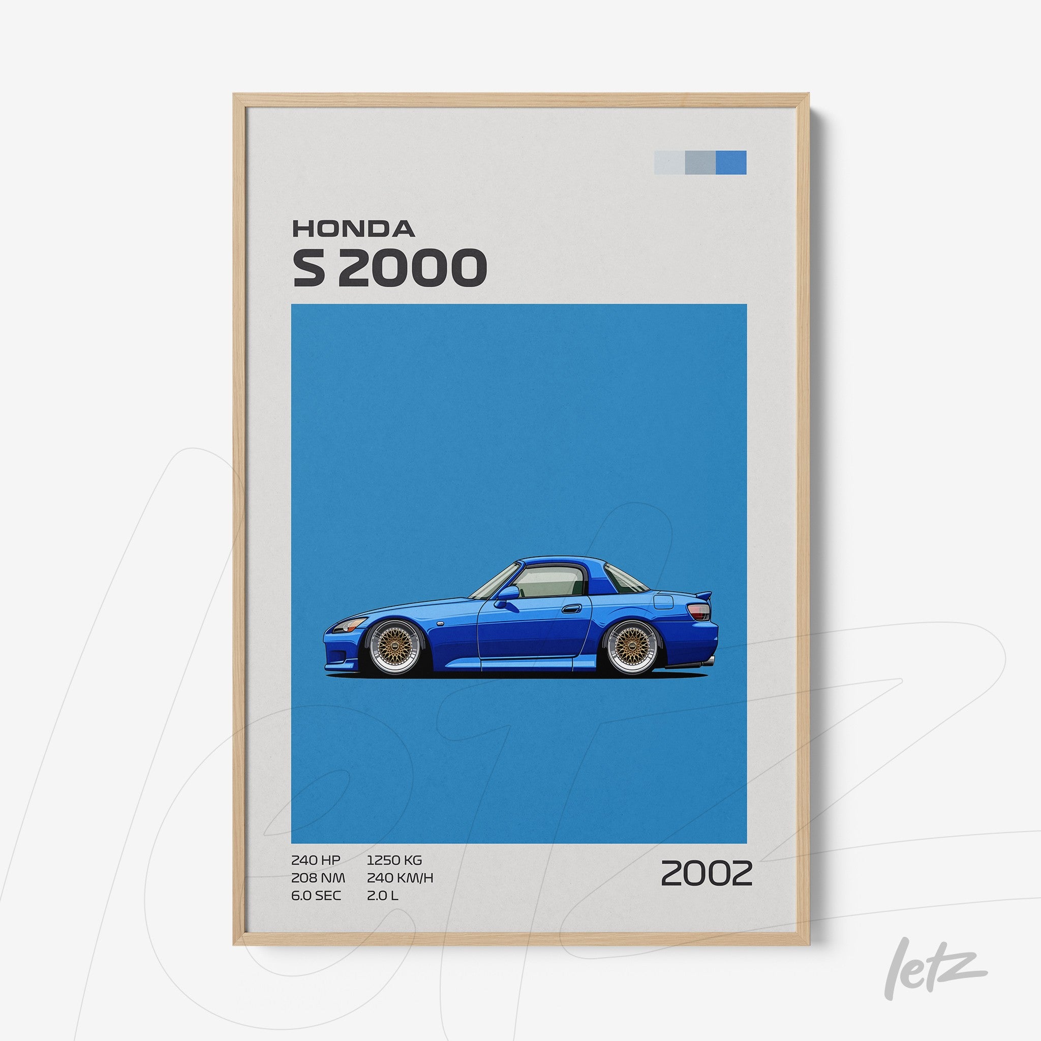 framed artwork featuring the Honda S2000 illustration on a blue background with a light wood frame