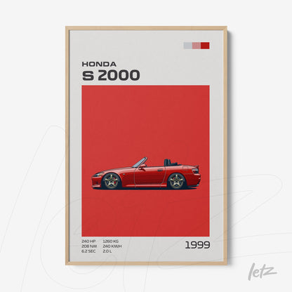 framed artwork featuring the Honda S2000 car illustration on a red background, showcasing technical specifications and the year 1999