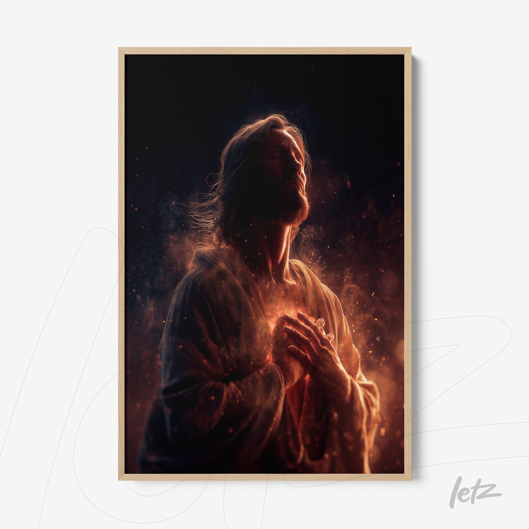 digital artwork of Jesus in a contemplative pose with golden light background and light-colored frame