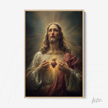 framed artwork depicting Jesus Christ with an illuminated heart surrounded by golden rays, dramatic background, and light wood frame