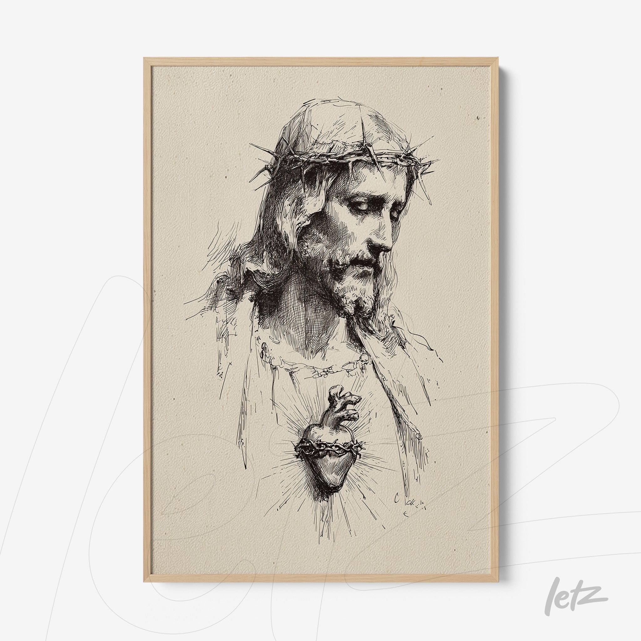 framed wall art of classic depiction of Jesus Christ with a crown of thorns and exposed heart in light frame