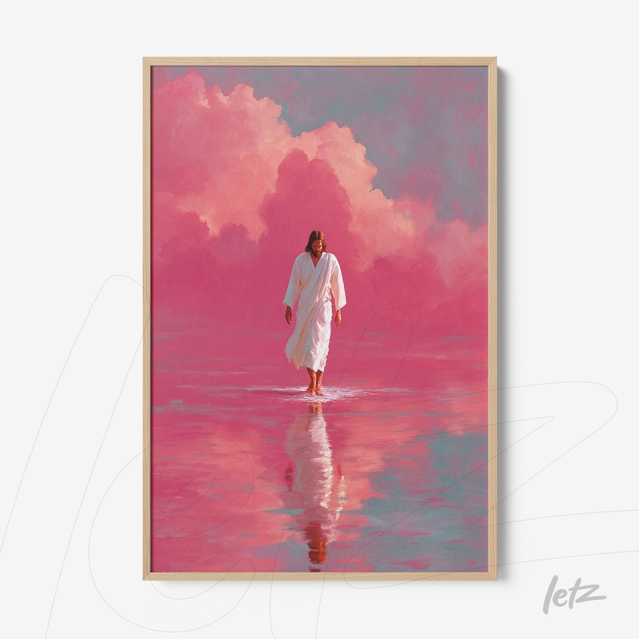 framed art piece depicting a religious figure walking on water against a pink background with red-tinted clouds in a light wooden frame