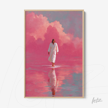 framed art piece depicting a religious figure walking on water against a pink background with red-tinted clouds in a light wooden frame