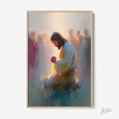 spiritual framed art depicting Jesus in prayer with an ethereal background and light wood frame