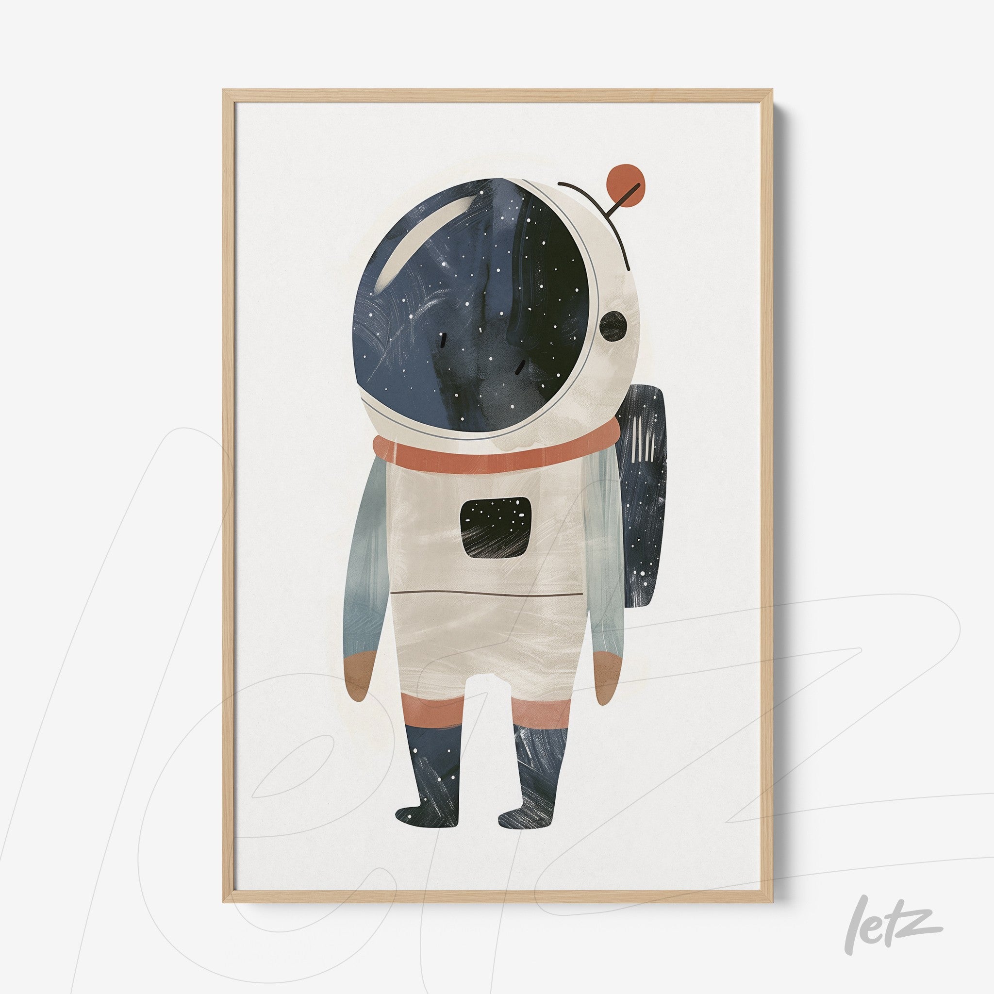 framed wall art featuring a colorful astronaut illustration with light wood frame