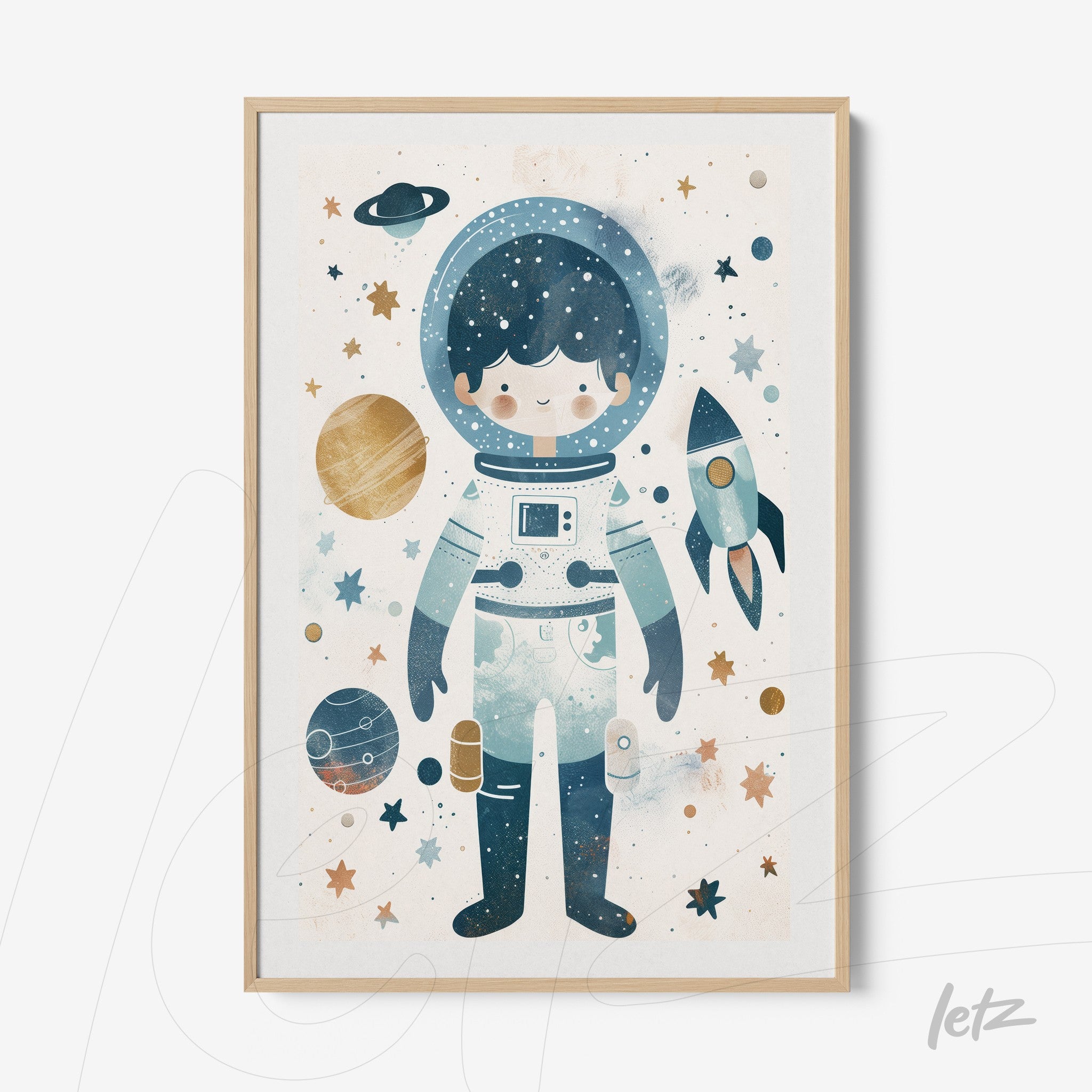 framed wall art featuring a cute astronaut surrounded by planets and stars in light wood frame