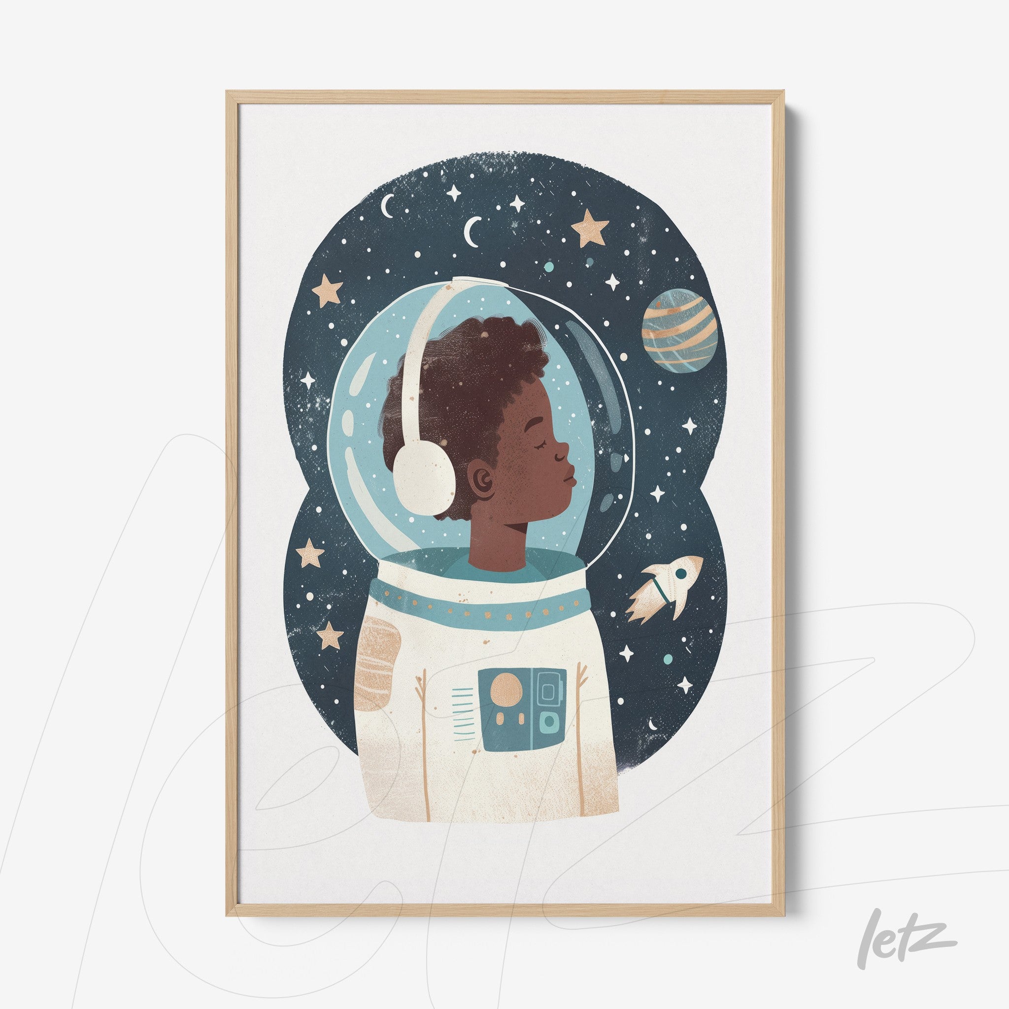 wall art depicting a young astronaut wearing a helmet with a starry background and light frame