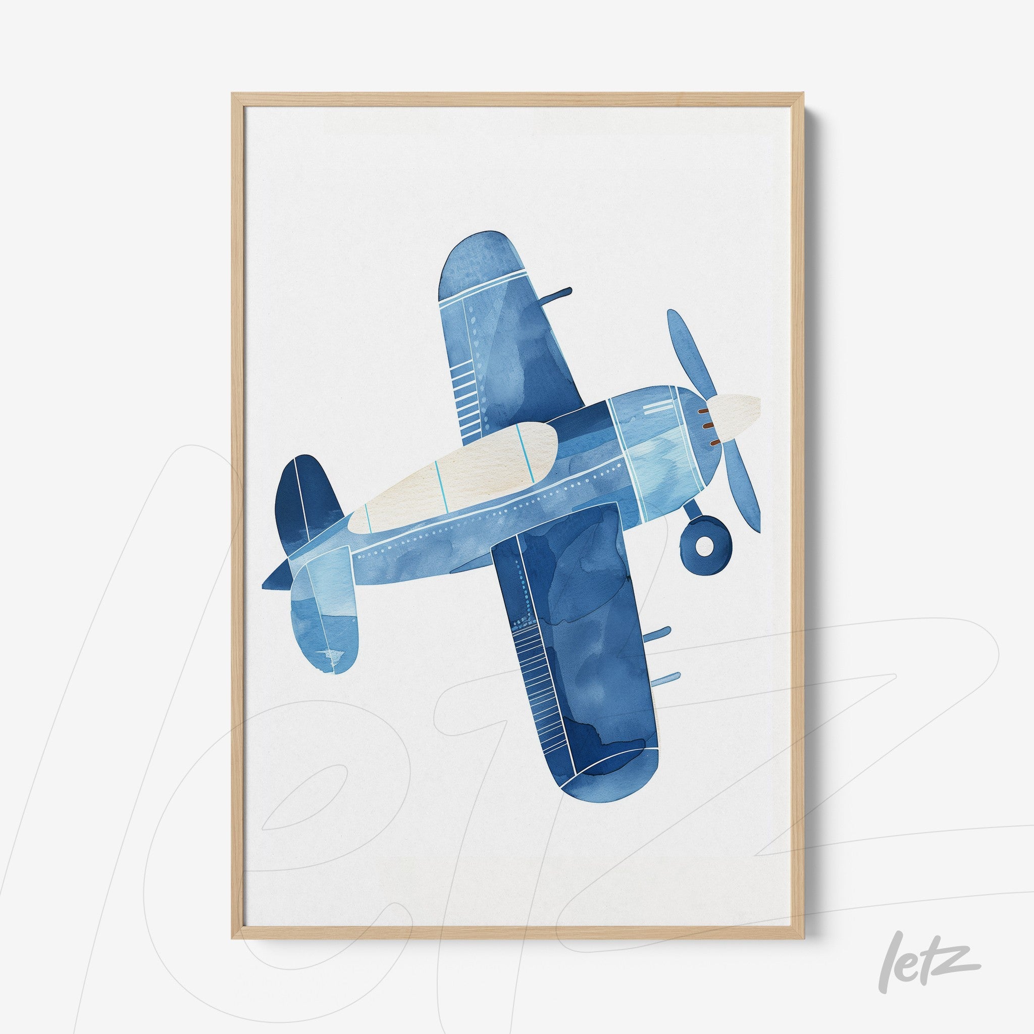framed artwork of an airplane in shades of blue with a light frame