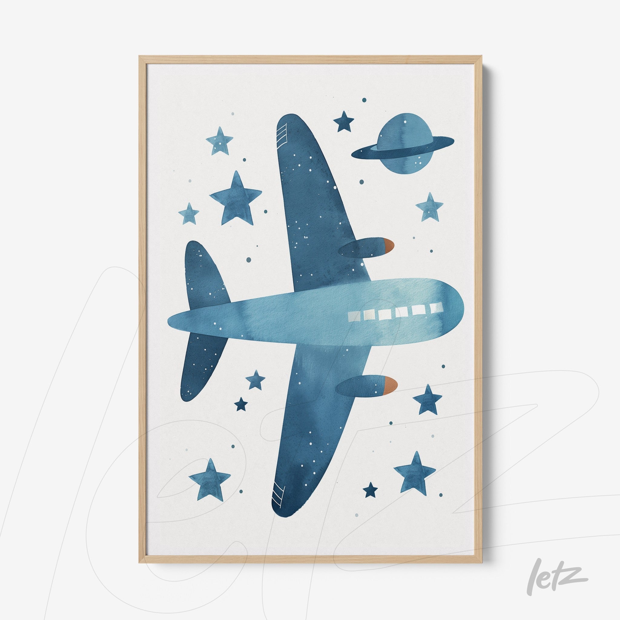 framed watercolor illustration of an airplane with a starry background and planets in blue tones
