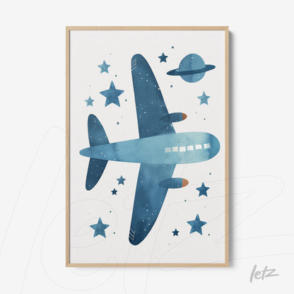 framed watercolor illustration of an airplane with a starry background and planets in blue tones
