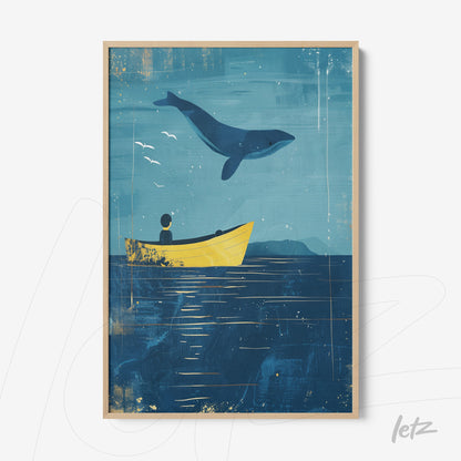 framed illustration of a boy in a yellow boat gazing at a whale against a blue sky