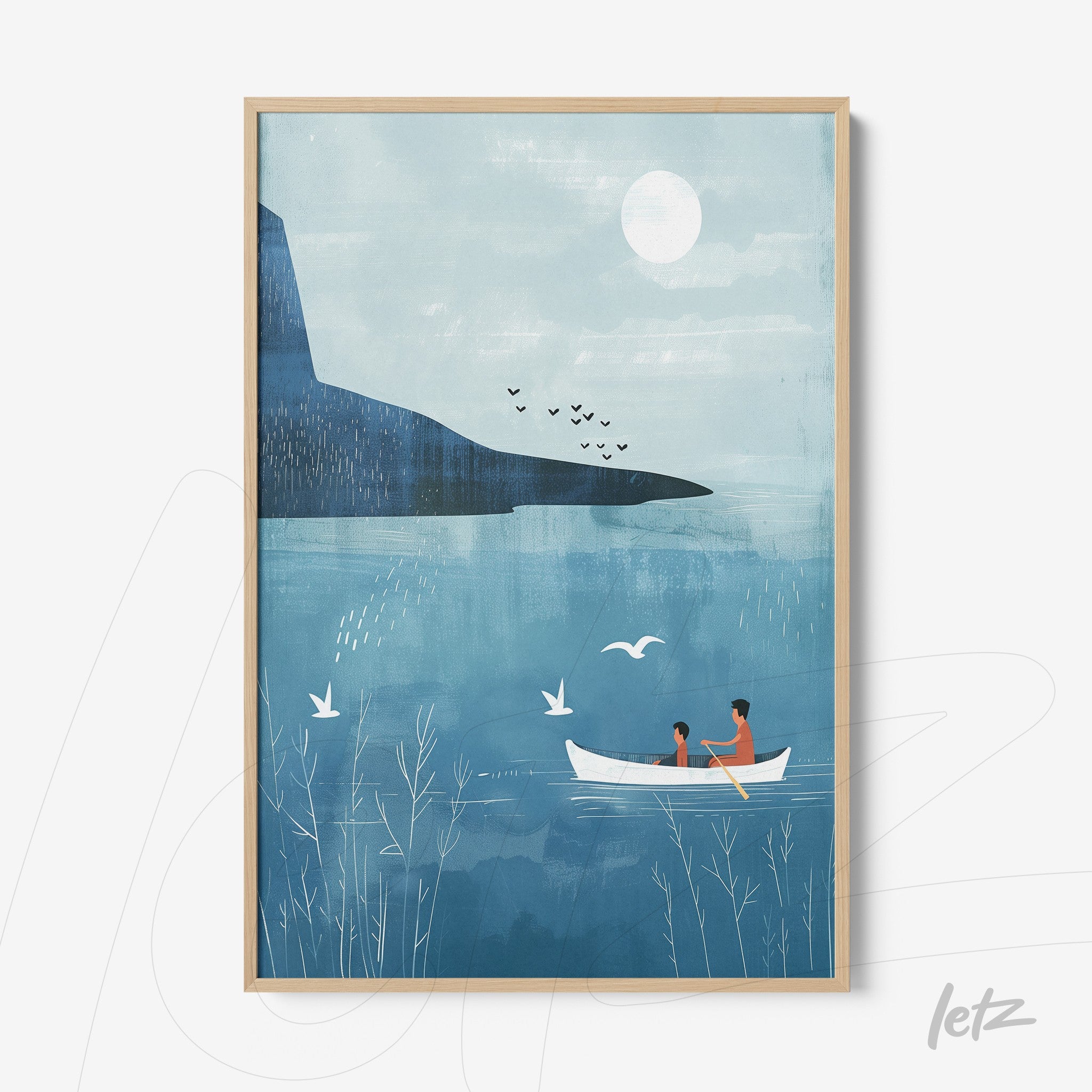 framed artwork depicting a serene scene of people in a boat on a lake at sunset with a light wood frame