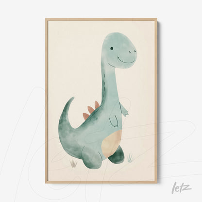 framed artwork of a friendly dinosaur in shades of green with a light wood frame