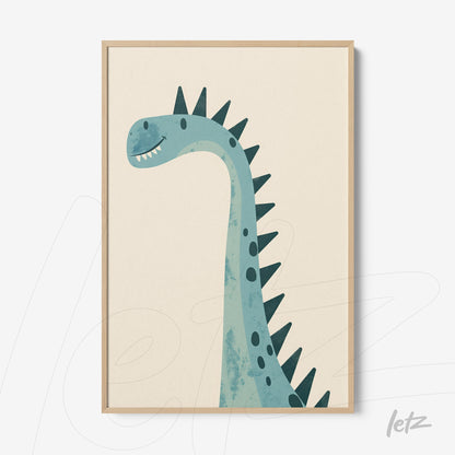 framed artwork of a blue and green dinosaur illustration with a light wood frame