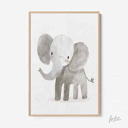 framed wall art featuring a watercolor illustration of an elephant in gray and white hues