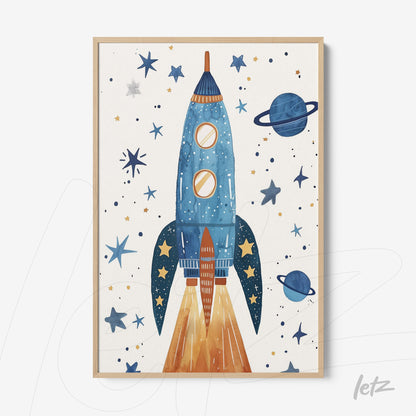 framed art print featuring a colorful rocket launch illustration surrounded by planets and stars on a light background with a light wood frame