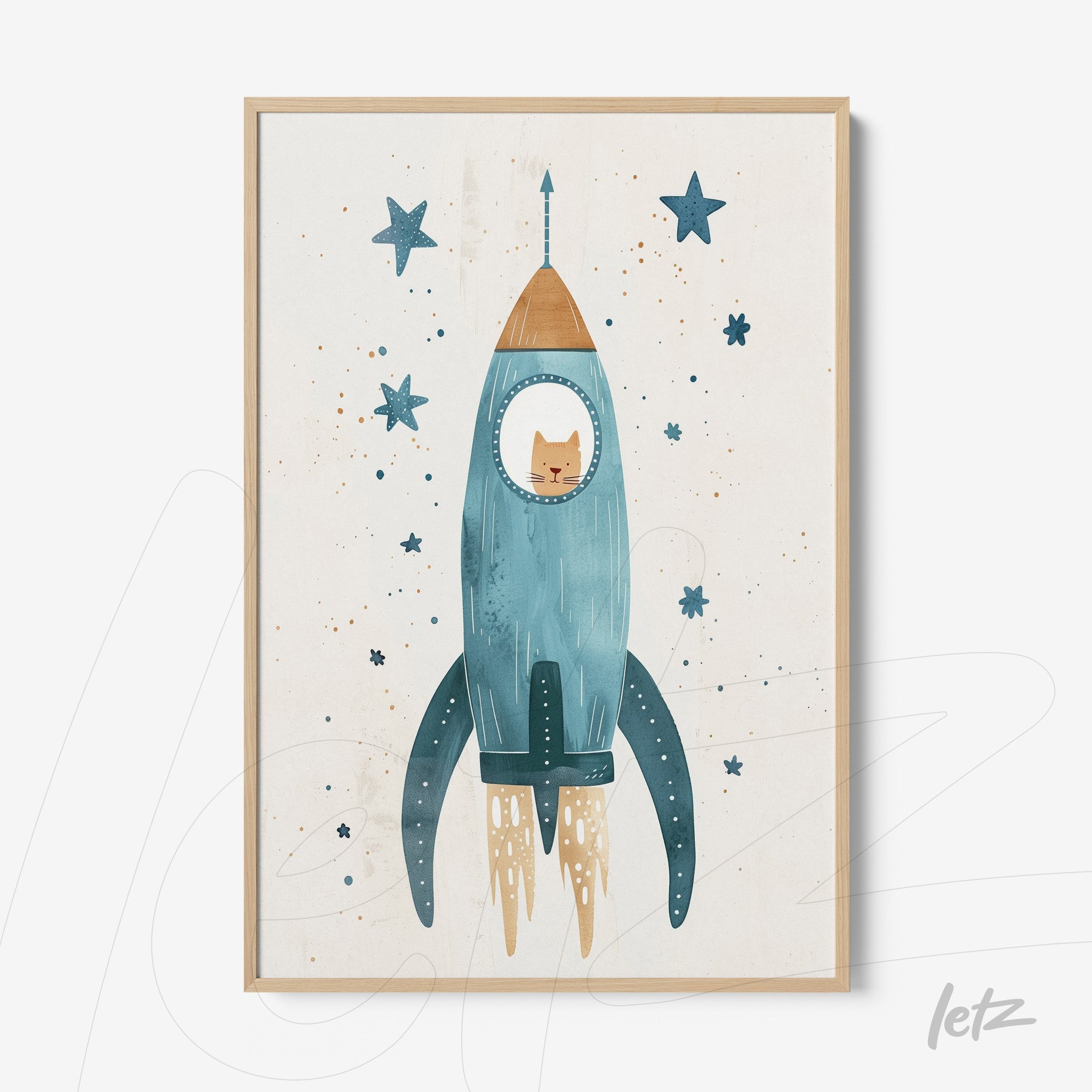 framed wall art featuring a blue rocket with a cat inside against a starry background