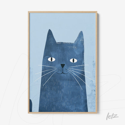 framed artwork featuring a blue cat illustration on a light background with a light wood frame