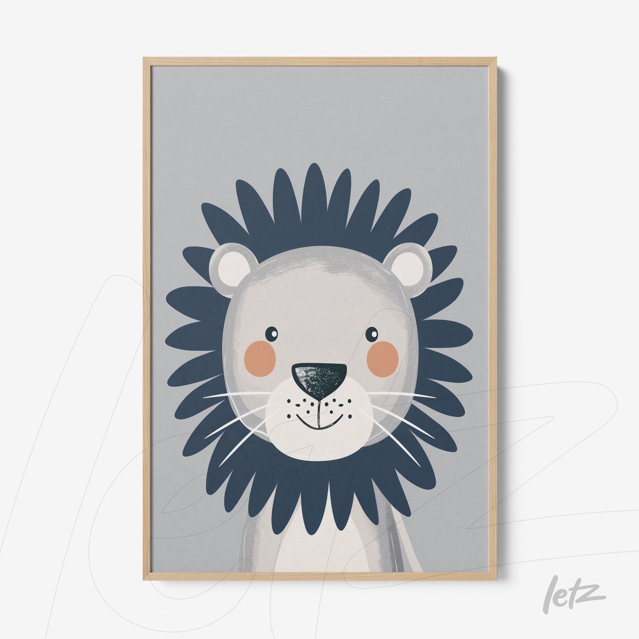 framed artwork featuring a cute lion with dark spiky mane against a gray background and wooden frame